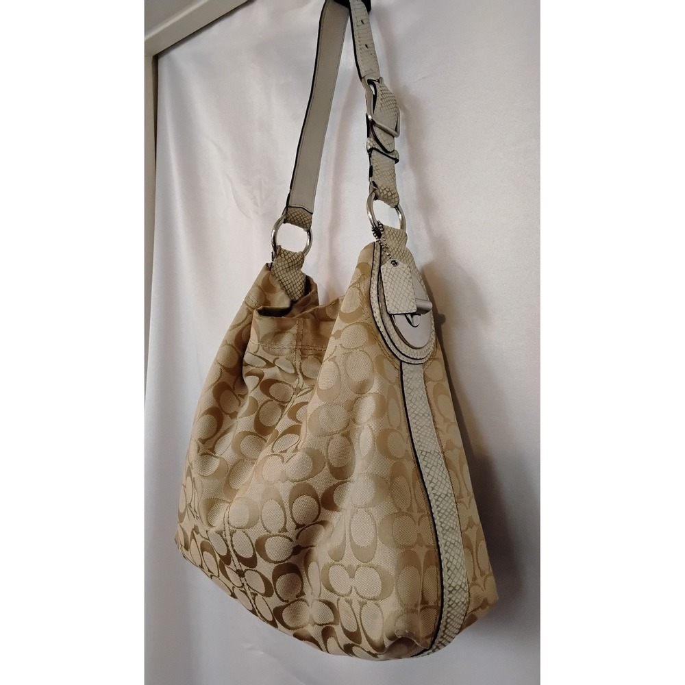 Coach F16538 Signature Jacquard Hobo Shoulder Bag White Leather Trim